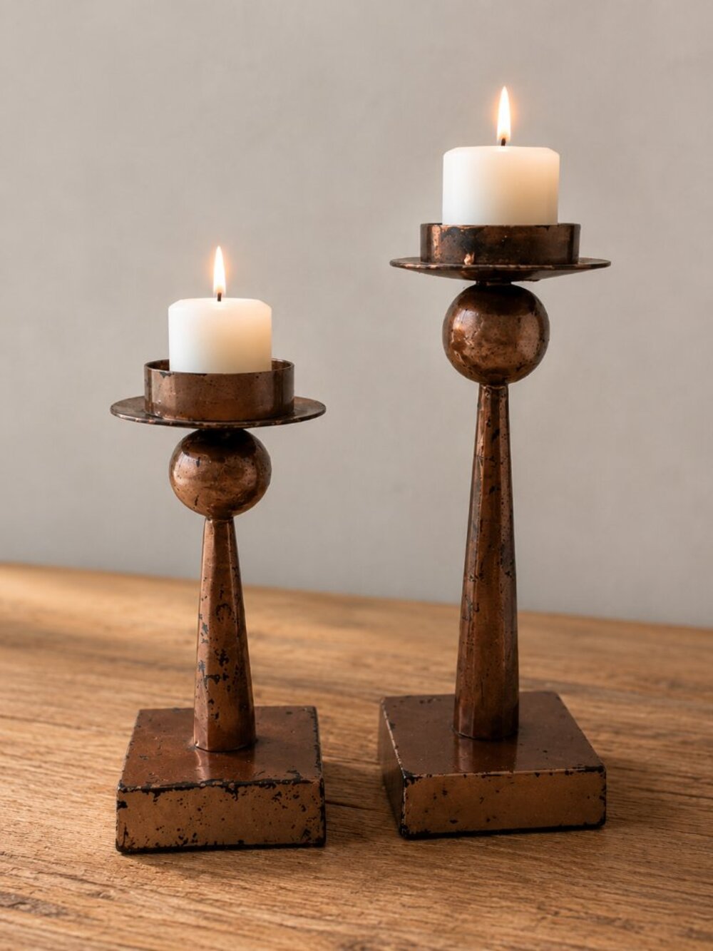 Rustic Metal Pillar Candle Holders (2) Distressed Farmhouse Decor Made in India